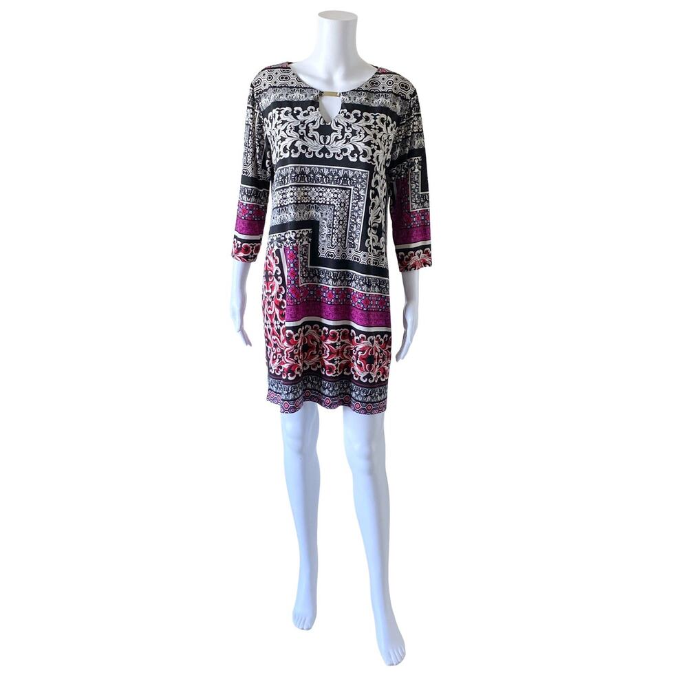 Tiana B Petite PL Boho Tribal Shift Dress Keyhole 3/4 Sleeve Pink Black Stretch